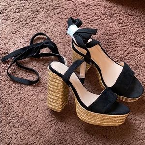 PLT black & gold wedges with lace up straps